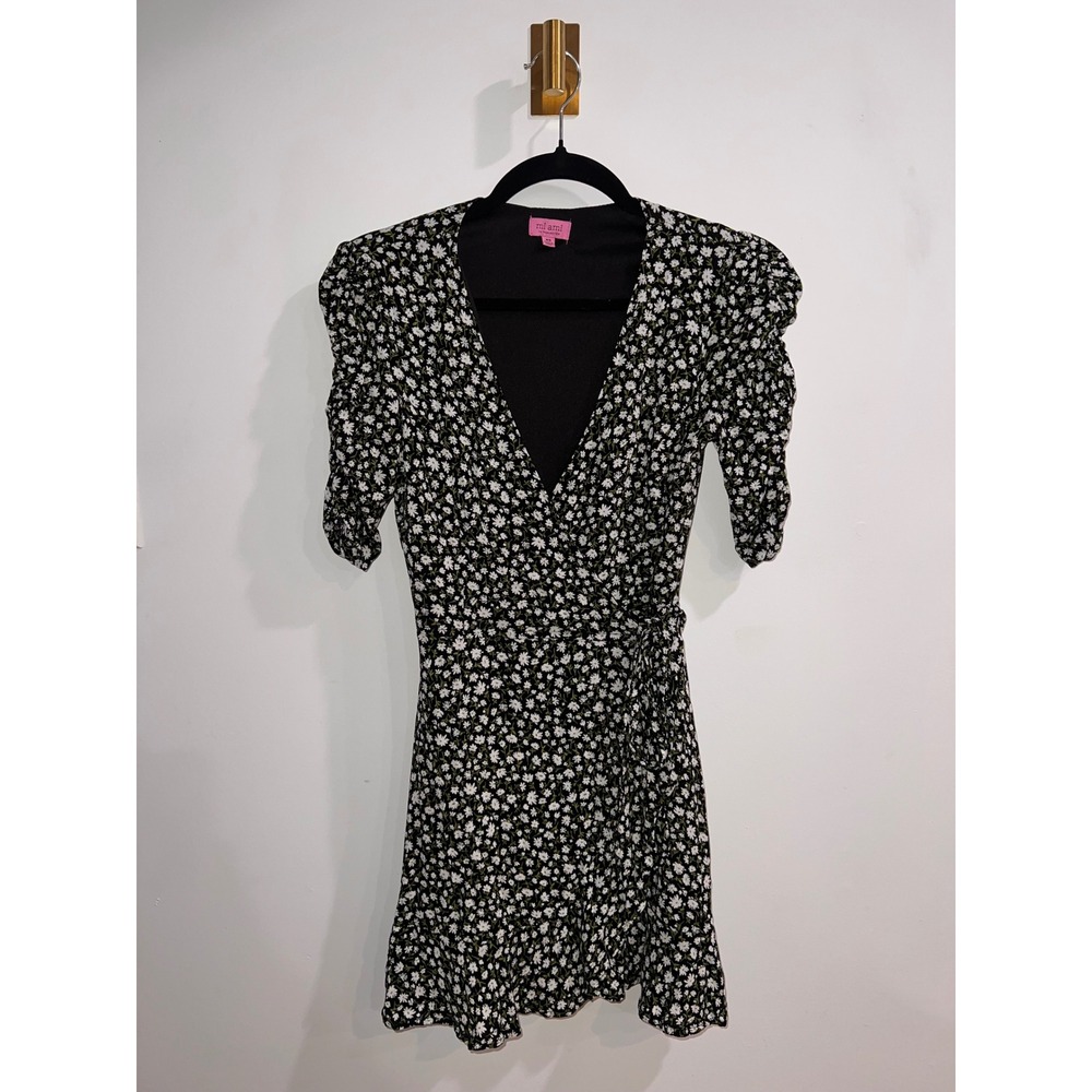 Mi Ami Black Daisy Cottagecore Floral Wrap Mini Dress XS Puff Sleeve Ruffle Hem